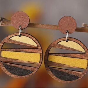 Vintage Geometric Hollow Round Dangle Earrings Wooden Double Sided Stud Earrings